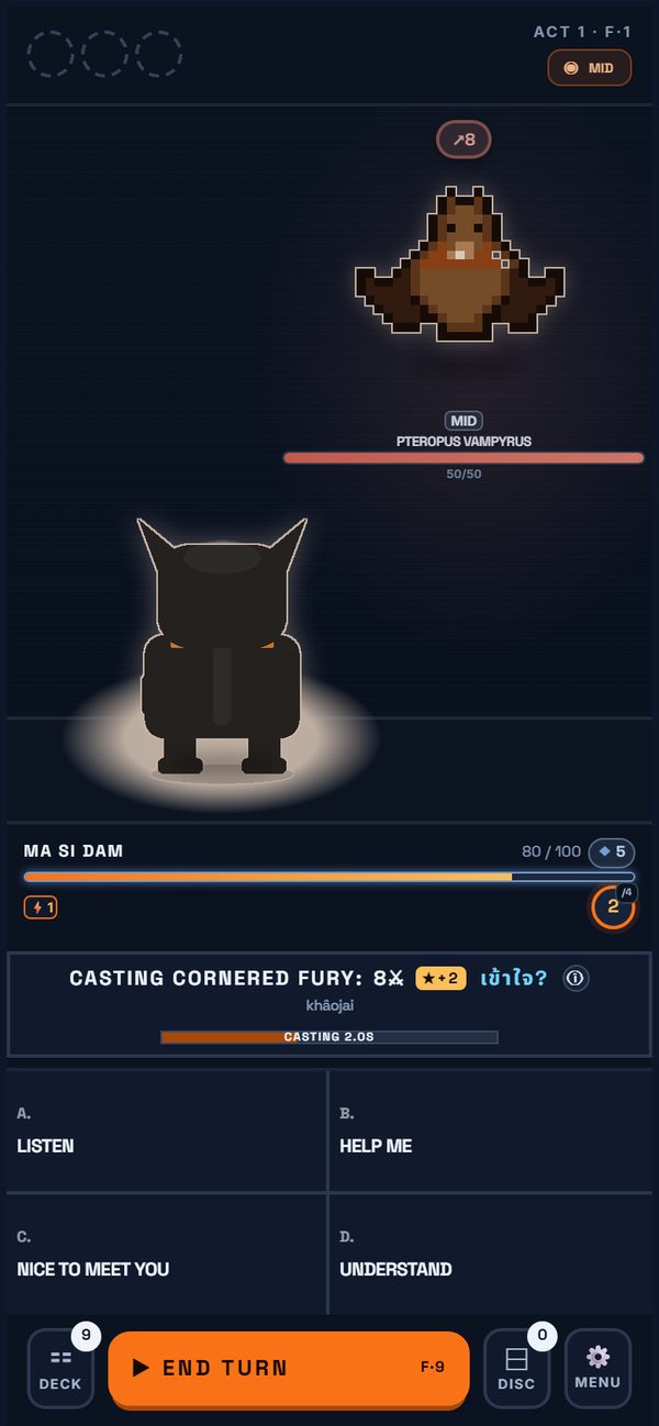 Battle screen asking the meaning of a Thai word